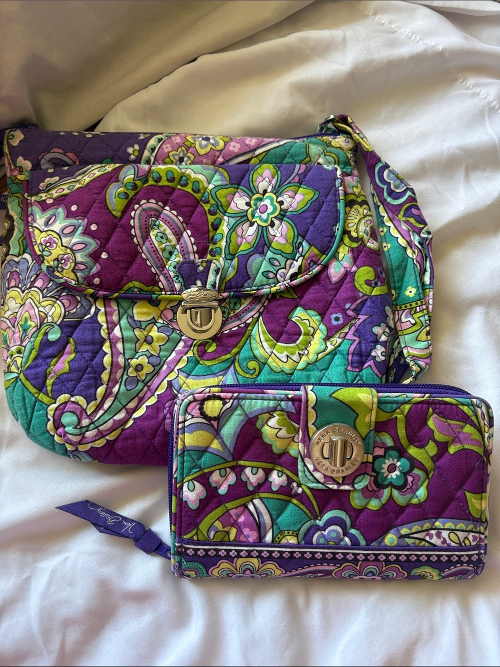 Vera Bradley Quilted Purple & Teal Paisley Crossbody Bag and Wallet Set